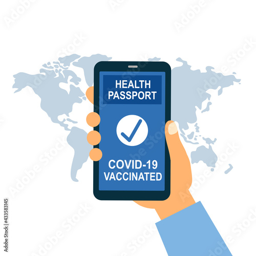 Covid19 vaccinated health passport on smartphone concept.  Hand show immune result on mobile screen. Vaccine passport for flying abroad.