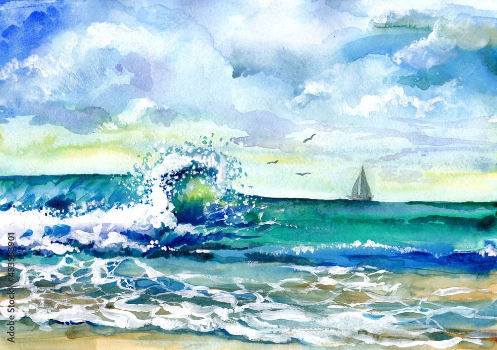 Illustration of a seascape with waves, sea foam, sand, clouds, a sailboat and gulls. Watercolour. Book, postcard, print, texture, wallpaper, calendar.