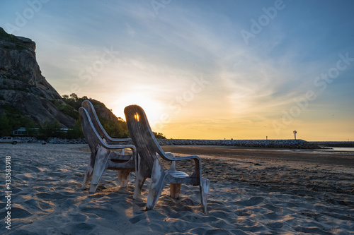 Chair on the beach with Beautiful sunrise view from Khao Takiab beach at huahin Prachuap Khiri Khan thailand