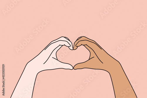 Multi ethnic and multicultural love concept. Hands of white and black human people forming heart meaning love over pink background vector illustration 