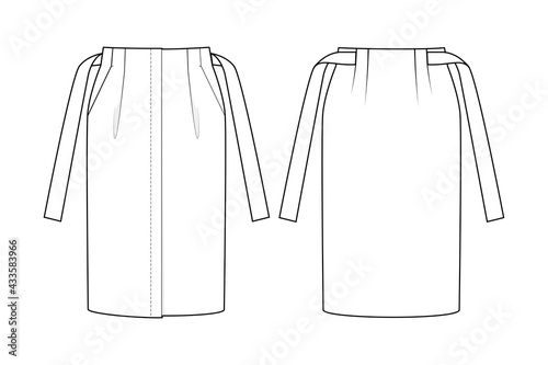 Fashion technical drawing of the tie belt pencil skirt. Fashion flat template.