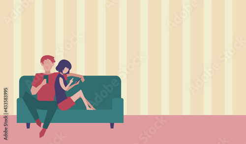 部屋でスマートフォンを操作する男女カップル　人物フラットイラスト　デフォルメ　Couple's daily life