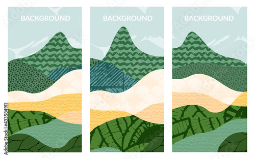 Set of abstract landscape vector background illustration. Countryside with colorful texture. Bundle of decorative eco cards. Nature, ecology, organic, environment banners, postcard, poster design