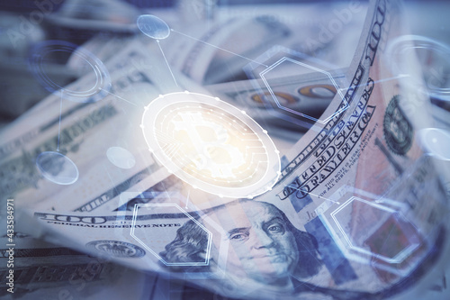 Multi exposure of crypto theme drawing over us dollars bill background. Concept of blockchain success. © peshkova