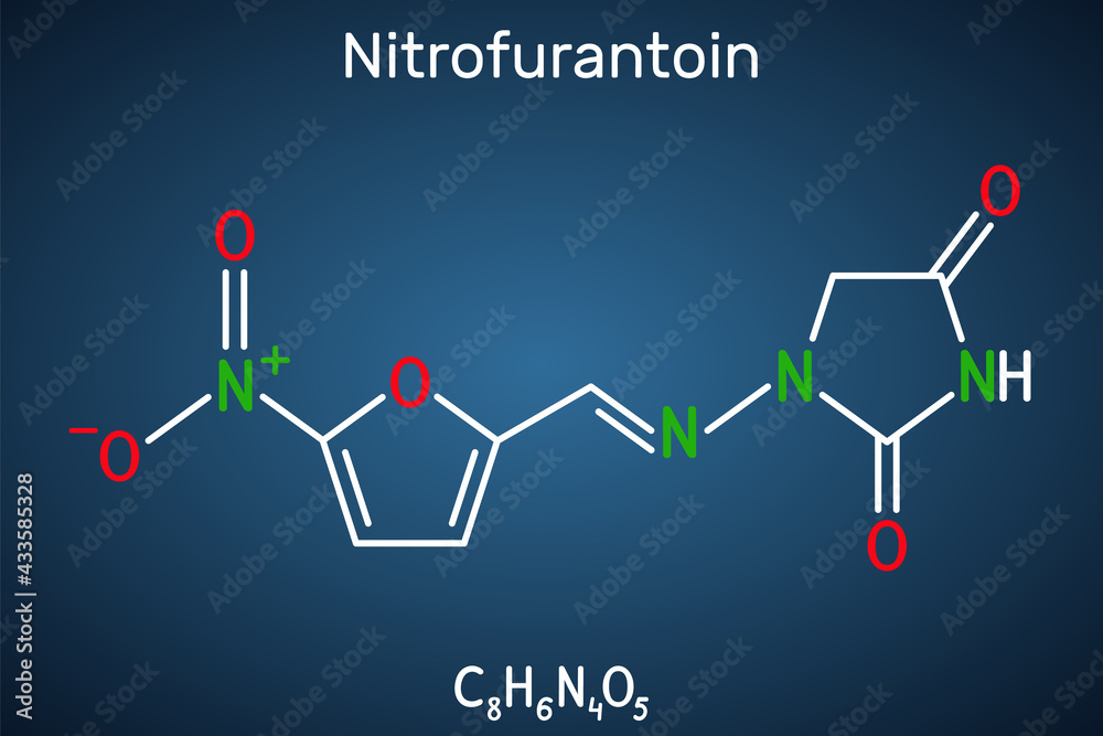 Nitrofurantoin molecule. It is nitrofuran antibiotic used to treat urinary tract infections. Structural chemical formula on the dark blue background Nitrofurantoin molecule. It is nitrofuran antibiotic used to treat urinary tract infections. Structural chemical formula on the dark blue background