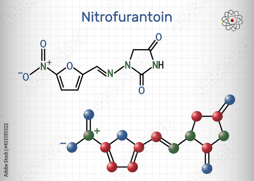 Nitrofurantoin molecule. It is nitrofuran antibiotic used to treat urinary tract infections. Structural chemical formula and molecule model. Sheet of paper in a cage