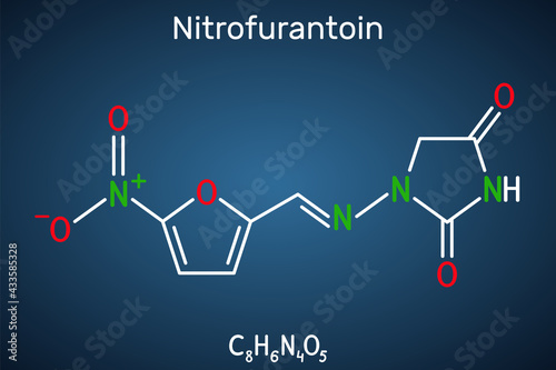 Nitrofurantoin molecule. It is nitrofuran antibiotic used to treat urinary tract infections. Structural chemical formula on the dark blue background