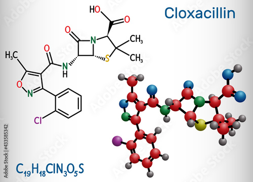 Cloxacillin molecule. It is antibacterial drug, semi-synthetic beta-lactamase resistant penicillin antibiotic. Structural chemical formula, molecule model photo