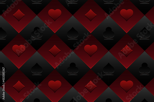 Colorful background with card suits. Picture spades, hearts, diamonds, clubs. Background for gambling, casino advertising. Vector illustration.