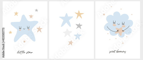 Cute Simple Vector Illustrations with Blue Fluffy Smiling Clouds and Stars on a White Background. Simple Nursery Art for Baby Boy. Lovely Prints with Clouds and Stars ideal for Wall Art, Card, Poster.