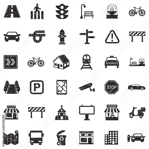 Street Icons. Black Scribble Design. Vector Illustration.