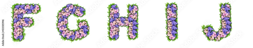 letters F, G, H, I, J made of flowers and green leaves