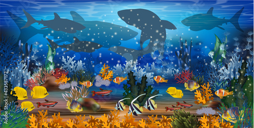 Amazing underwater wallpaper with fish, algae and sharks, vector illustration