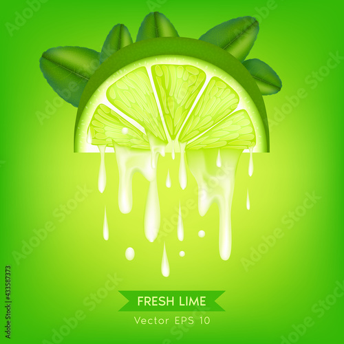 Realistic half fresh lime slice with drops of juice juicy fruit lemon. 3D Vector EPS10 illustration.