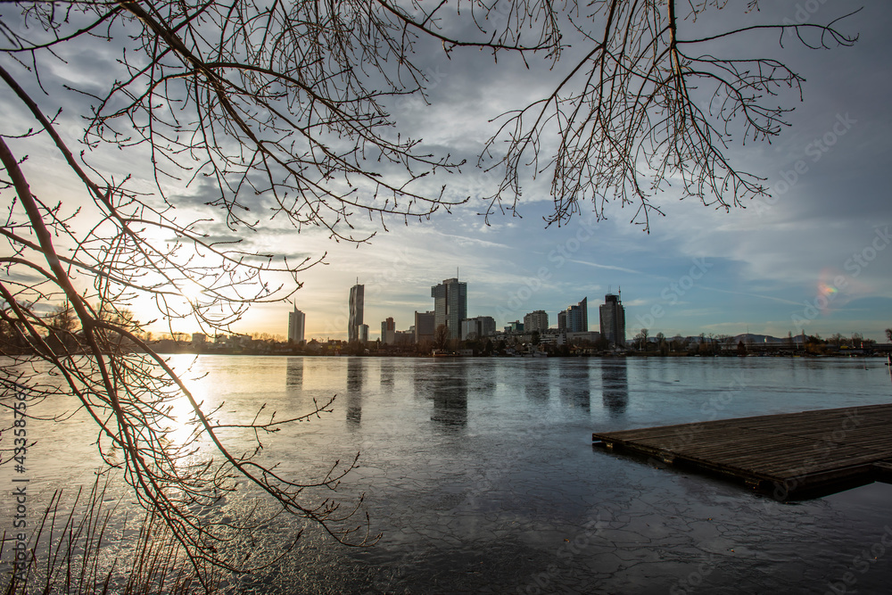 sunset on old Danube in Vienna 