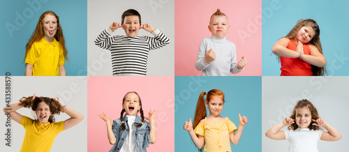 Art collage made of portraits of little and happy kids isolated on multicolored studio background. Human emotions, facial expression concept