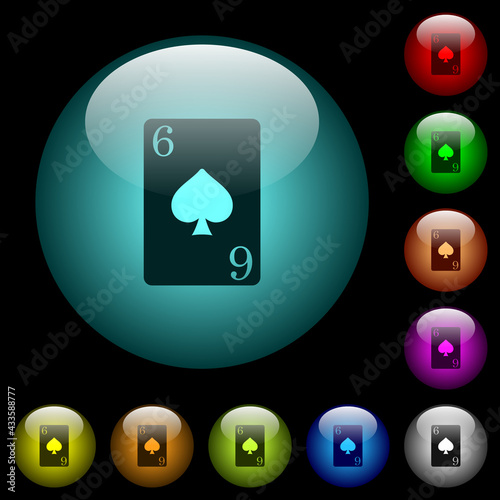 Six of spades card icons in color illuminated glass buttons © botond1977