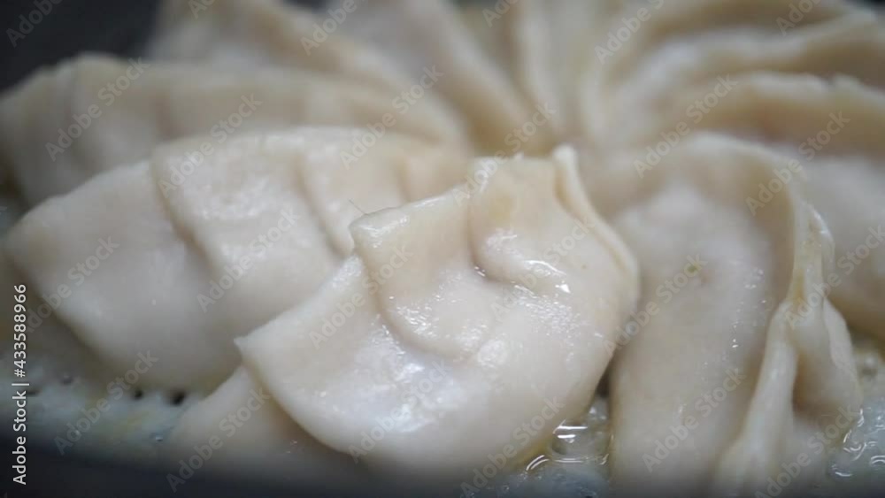 Close-up of fried japanese gyoza dumplings with soy sauce Close-up of fried japanese gyoza dumplings with soy sauce