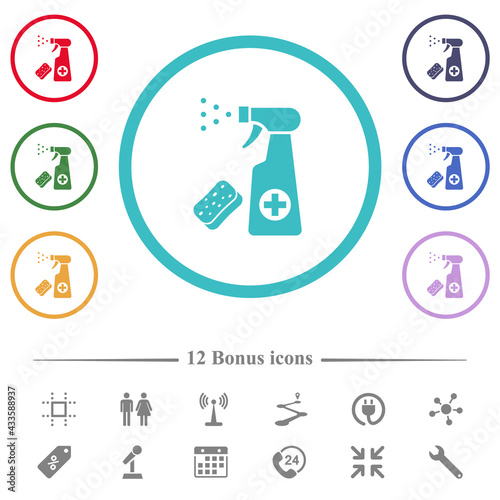 Disinfection spray and sponge flat color icons in circle shape outlines