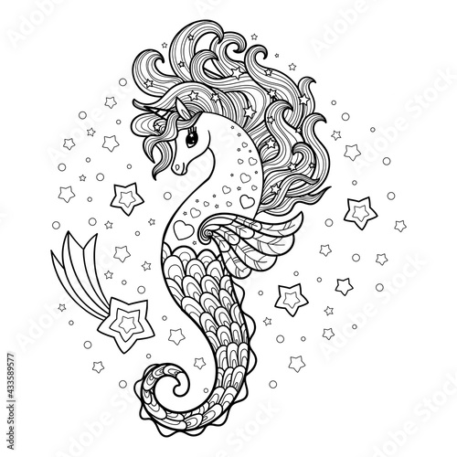 Cute unicorn seahorse vector cartoon. Black and white linear drawing. Vector