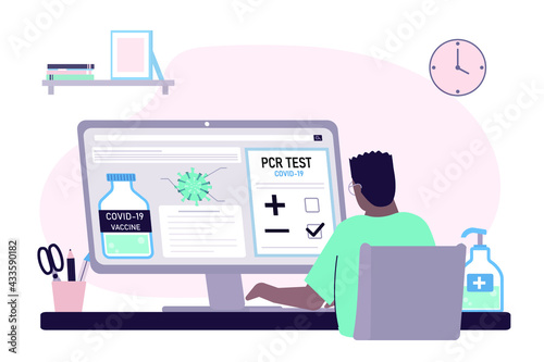 Afro american man checking PCR test results. Various information about coronavirus on computer screen. Male character not infected with covid-19. Negative test result. Trendy flat vector illustration
