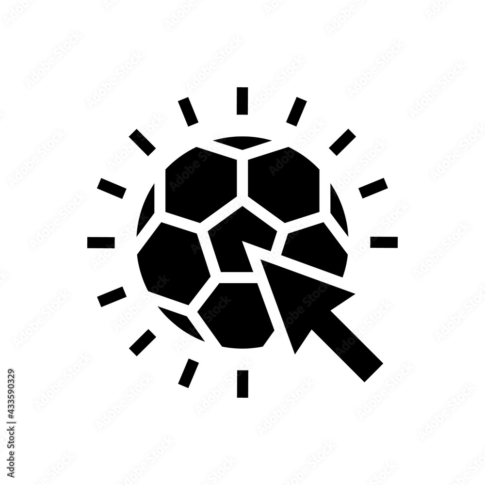 Fototapeta premium Football or Soccer Click icon in Glyph Style. A soccer ball with an arrow cursor is a symbol of a click for a mobile app, game, ui ux, or website. Vector illustration icons.