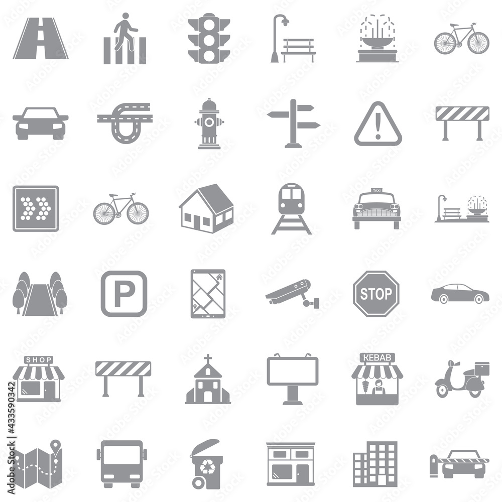 Street Icons. Gray Flat Design. Vector Illustration. Street Icons. Gray Flat Design. Vector Illustration.
