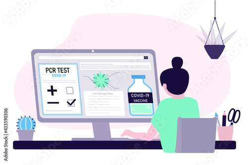 Female character checking PCR test results. Various information about coronavirus on computer screen. Woman not infected with covid-19. Negative test result. Health care concept. Vector illustration