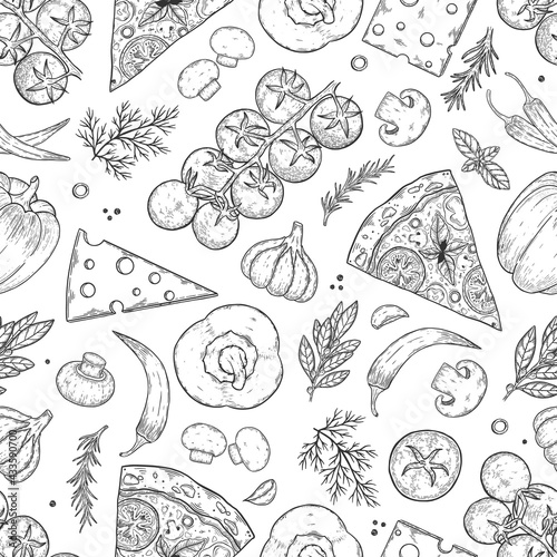 Seamless pattern. Pizza ingredients background. Tomato, garlic, basil, olive, pepper, mushroom