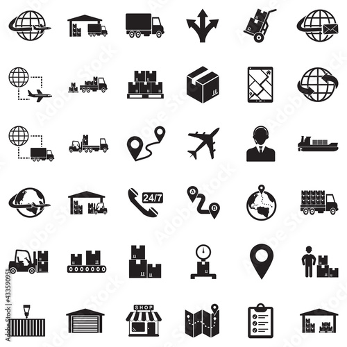 Supply Chain Icons. Black Flat Design. Vector Illustration.