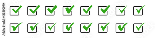 Set of check mark in square icons. Green vector symbols.