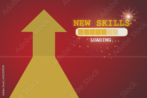 New skills loading and yellow arrow upward on red background. Business success with reskilling and upskilling concept. Sustainable future ahead idea