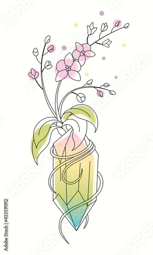 Line art healing crystal with an orchid growing out of it. Magical life energy