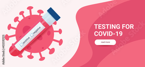 A web banner with a test for covid 19 in red colors. Diagnosis of antibodies to coronavirus in the blood. Vector illustration with a test tube for a PCR test.