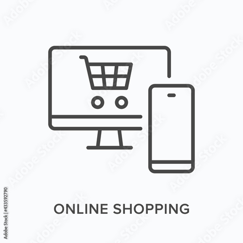 Online shop flat line icon. Vector outline illustration of computer monitor and phone. Black thin linear pictogram for online commerce