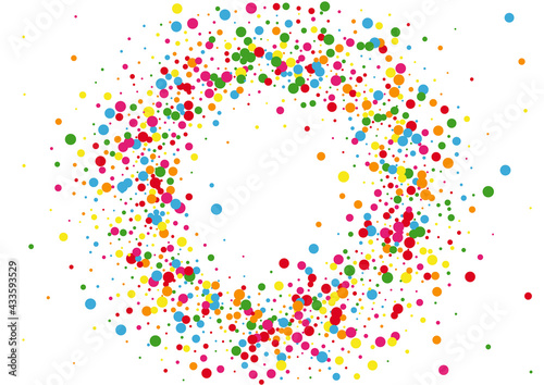 Multicolored Confetti Colorful Illustration. Dot Explosion Texture. Orange Design Circle. Yellow Vector Round Background.