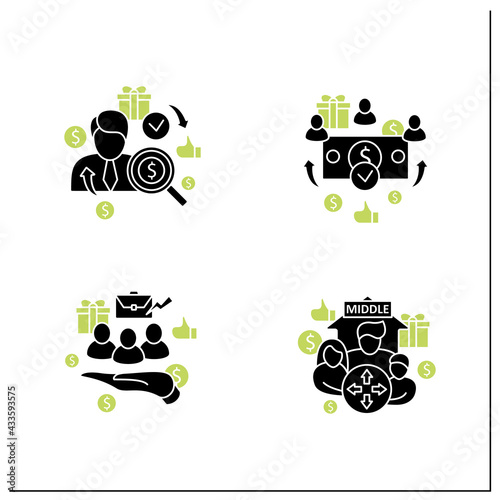 Universal basic income glyph icons set. Dilative class, supporting workers, universal payment, individual payment.Global economy concept.Filled flat signs. Isolated silhouette vector illustrations