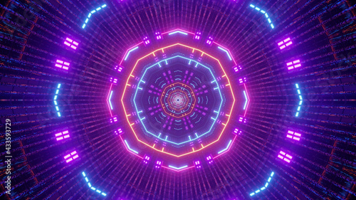 Quadro su tela 3D rendering of futuristic kaleidoscopic patterns in neon blue and purple vibran