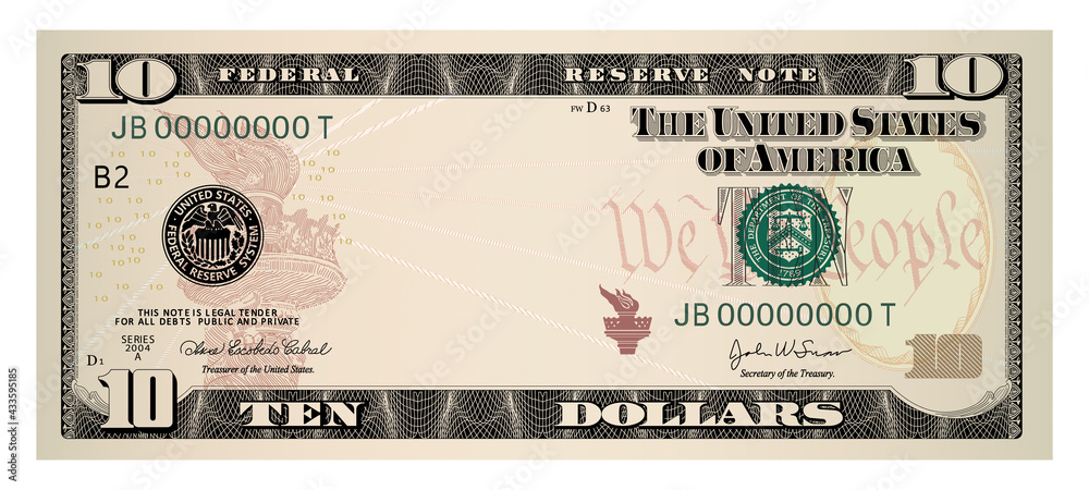 US Dollars 10 banknote -American dollar bill cash money isolated on white background. - obrazy, fototapety, plakaty 