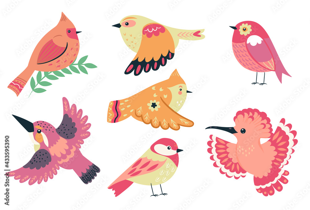 Collection of cute birds isolated on white background. Vector graphics.