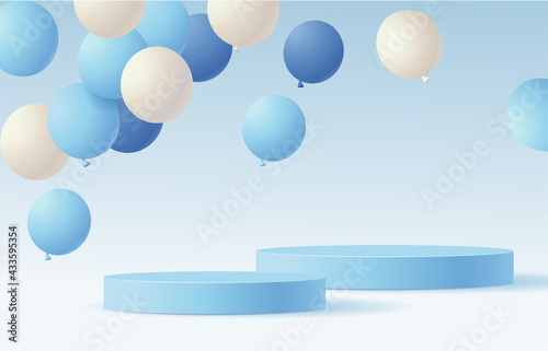 Fathers day holiday design template. Festive background with blue and white flying balloon and empty blue round podium. Vector stock illustration.	