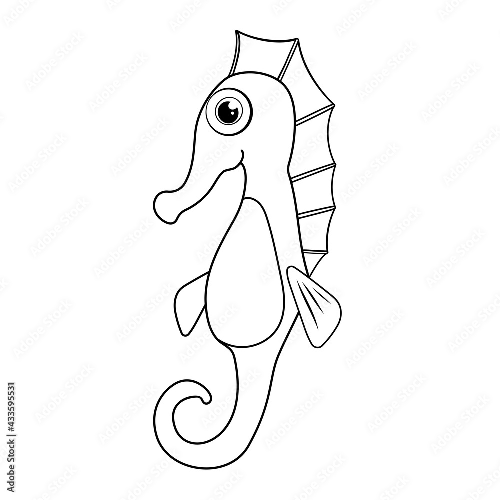Sea Horse. Colorless cartoon fish. Coloring page. Template page for ...