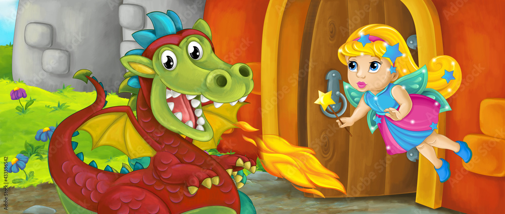 Fototapeta premium Cartoon queen and dragon near castle illustration