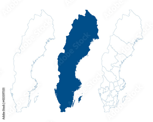 Sweden map vector. High detailed vector outline, blue silhouette and administrative divisions map of Sweden. All isolated on white background. Template for website, design, cover, infographics