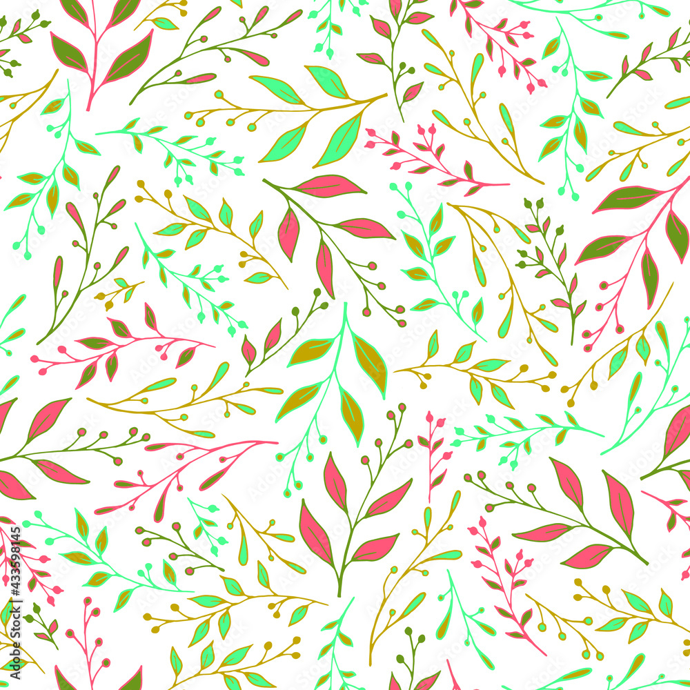 Obraz premium Spring leaf stem pattern seamless vector. Stylish berries and foliage wallpaper. Batik fashion print. Decorative grass leaf stem pattern illustration. Garden wallpaper.