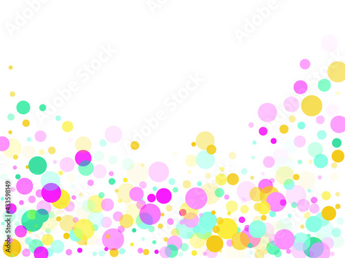 Memphis round confetti airy background in blue, magenta and yellow on white. Childish pattern vector, children's party birthday celebration background. Holiday confetti circles in memphis style.