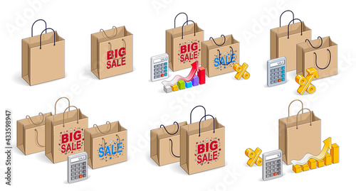 Shop retail sale vector 3D illustrations set isolated on white background, shopping bags with money and other elements, store discount, Black Friday concept, clearance.