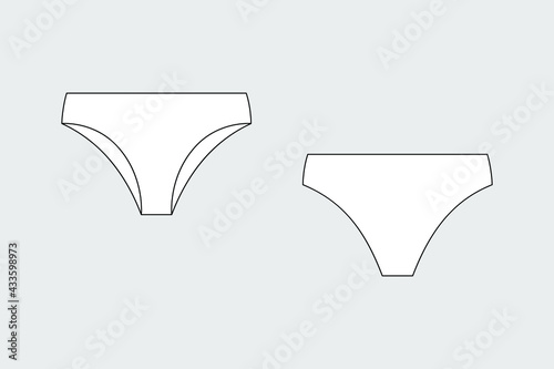 Lingerie briefs, underpants. Female vector template isolated on a grey background. Front and back view. Outline fashion technical sketch of clothes model.