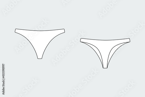 Lingerie briefs, underpants. Female vector template isolated on a grey background. Front and back view. Outline fashion technical sketch of clothes model.
