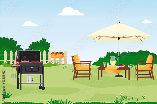 Patio area flat vector illustration. House backyard with green grass lawn, trees and bushes. Cartoon table and chairs garden modern furniture. Outdoor furnished yard for BBQ summer parties © Катерина Фирсова